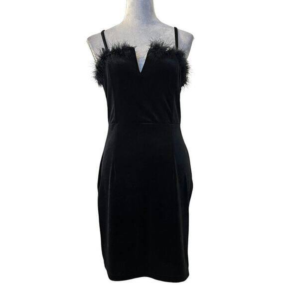 SHEIN Slayer Mini Dress Womens L Black Velvet V-Neck Fur Trimmed Spaghetti Strap - Picture 1 of 7